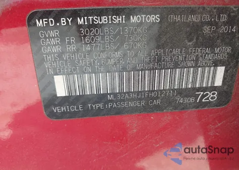 2015 Mitsubishi Mirage De/Rf из США, поврежденный, VIN ML32A3HJ1FH012711